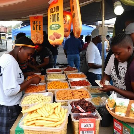 A bustling South African street food market, with vendors selling various snacks and treats.