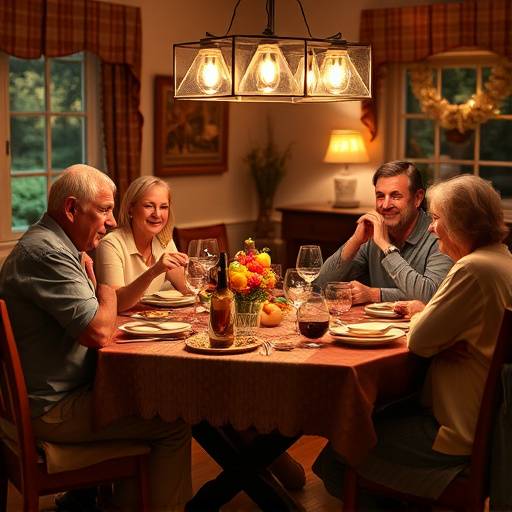 A large family gathered around a dinner table, sharing a meal.