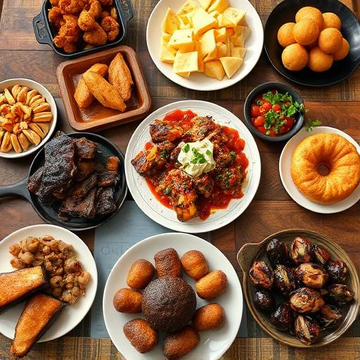 A table filled with a variety of South African dishes, including bobotie, biltong, and koeksisters.