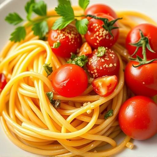 Assorted ingredients for a quick and easy meal, such as pasta, canned tomatoes, and herbs.