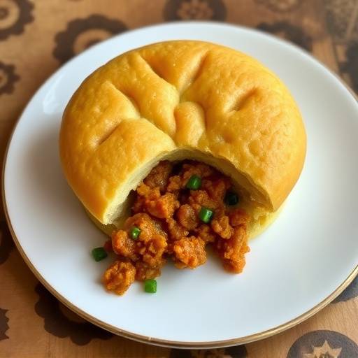 Golden brown Vetkoek filled with curried mince.
